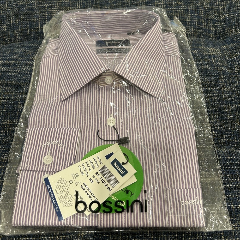 Bossini Cotton Linen Striped Dress Shirt Pink Purple White Two Ply Cotton